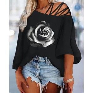 Chic Me Rose Print Cold Shoulder Crisscross Top Size 4XL {Fits Like 5XL)